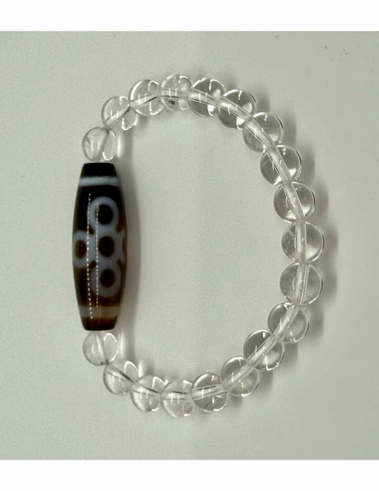 11351 - Five Eyed Lighting Dzi Bead With 8mm Clear Crystal Bracelet