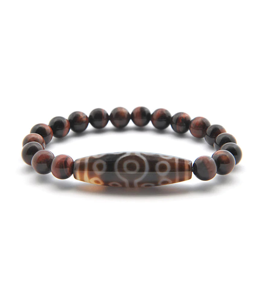 4207 - 15 Eyes Dzi Bead With 8mm Red Tiger Eye