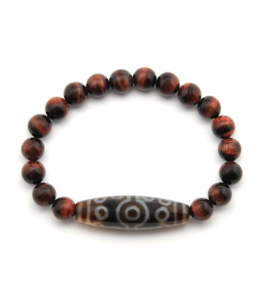 4207 - 15 Eyes Dzi Bead With 8mm Red Tiger Eye