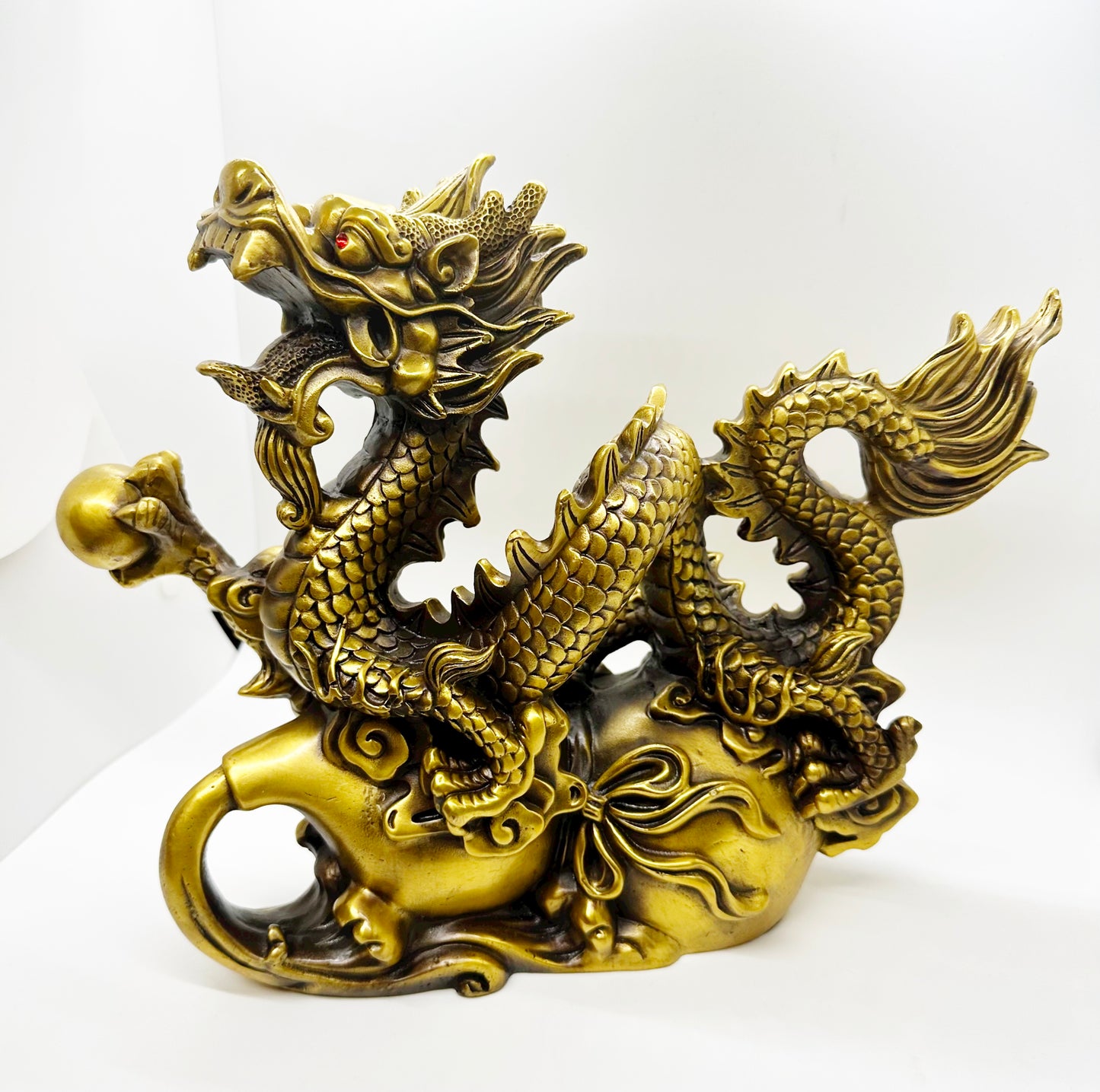 6690 - Brass Dragon Sitting On Wu Lou - 13 Inches Length