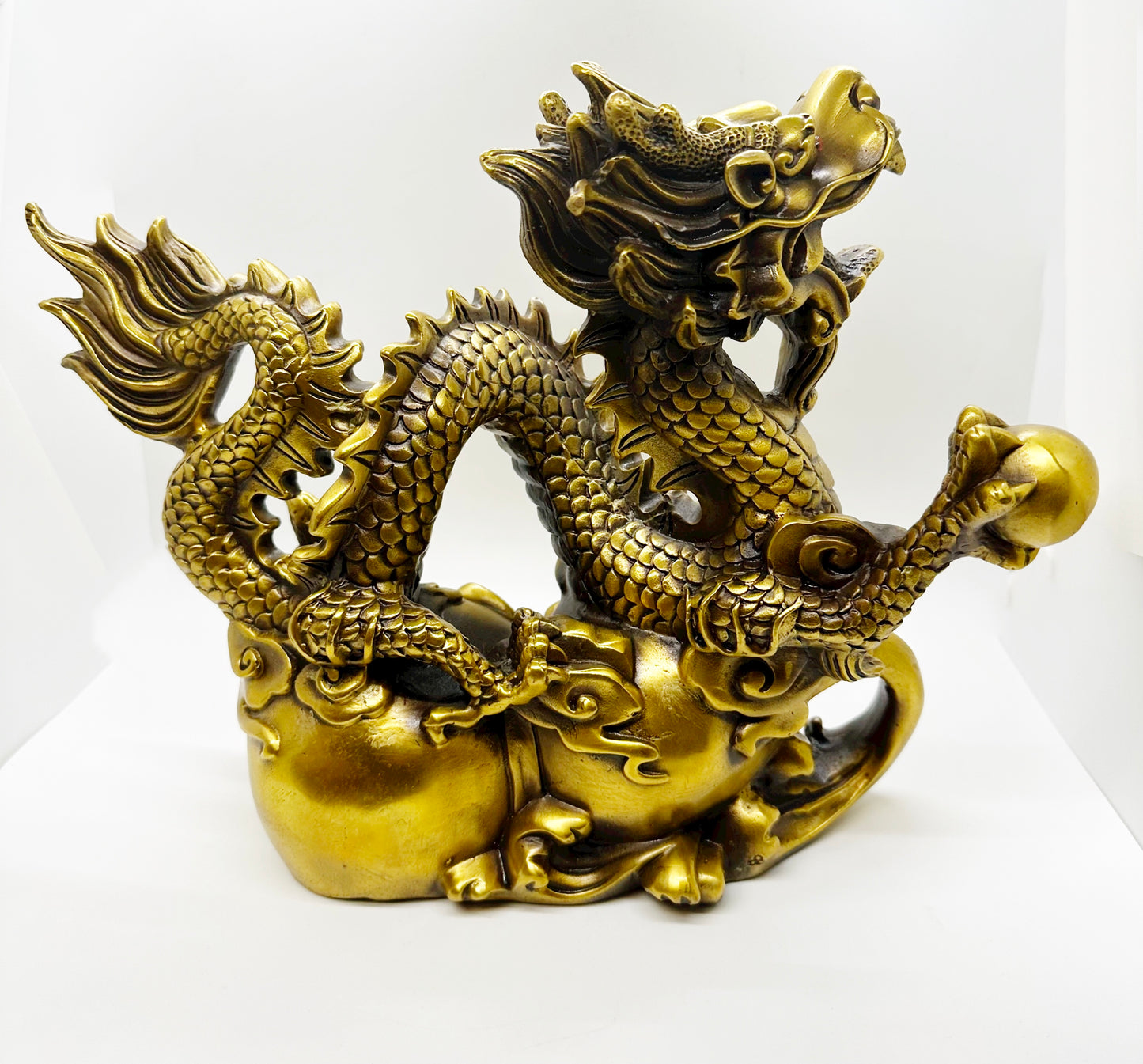 6690 - Brass Dragon Sitting On Wu Lou - 13 Inches Length