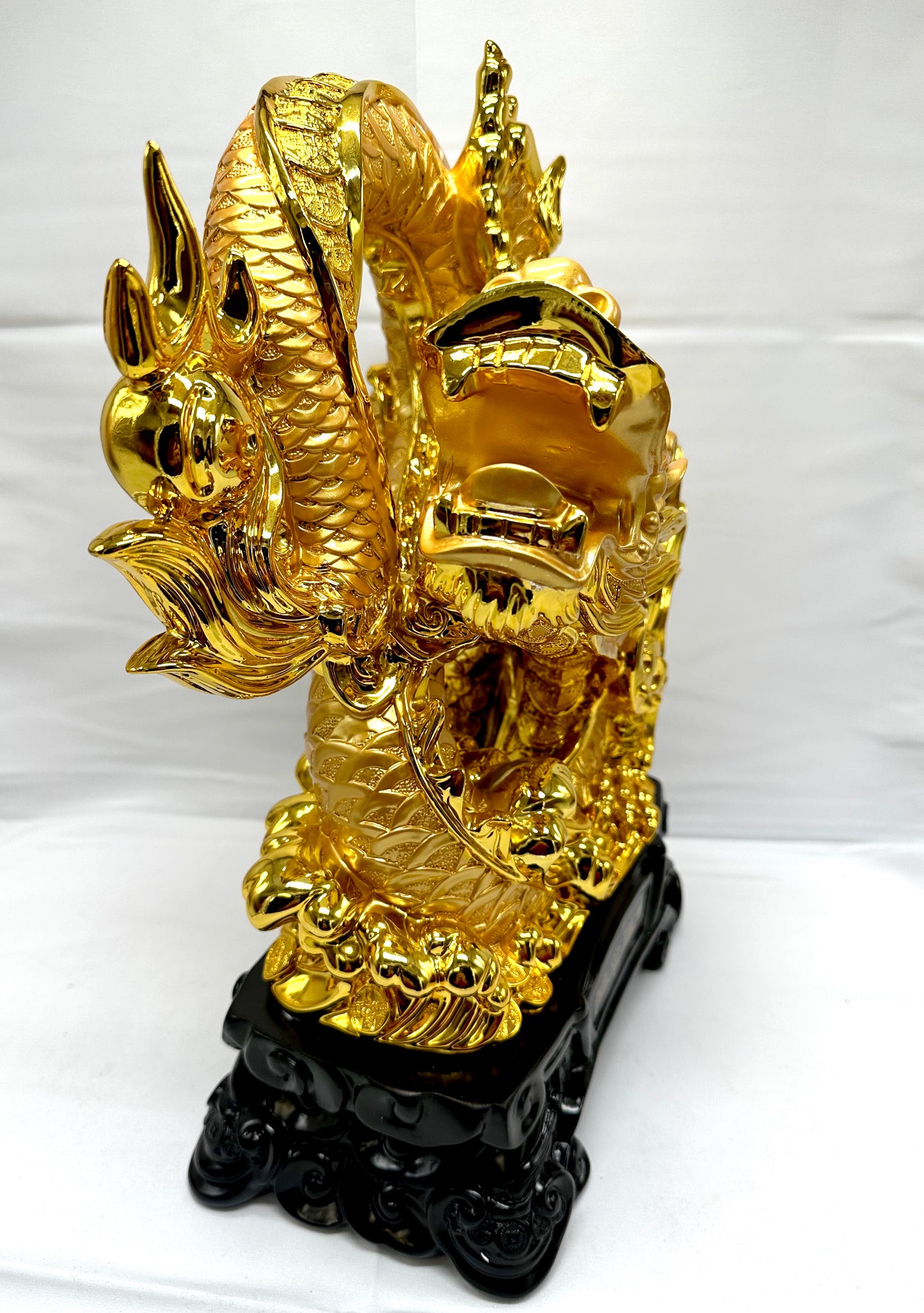 16634 - Rising Golden Dragon Holding A Fire Ball - 15 Inches Height