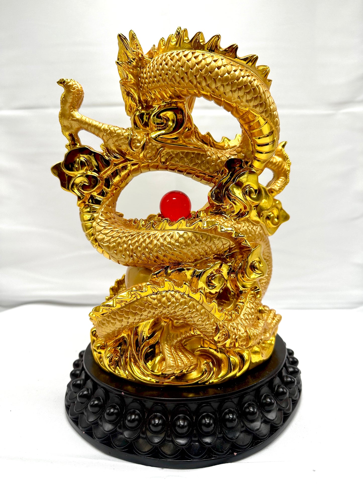 6383 - Rising Golden Dragon Sitting on Wealth Vase & Red Pearl - 12 1/2 Inches Height