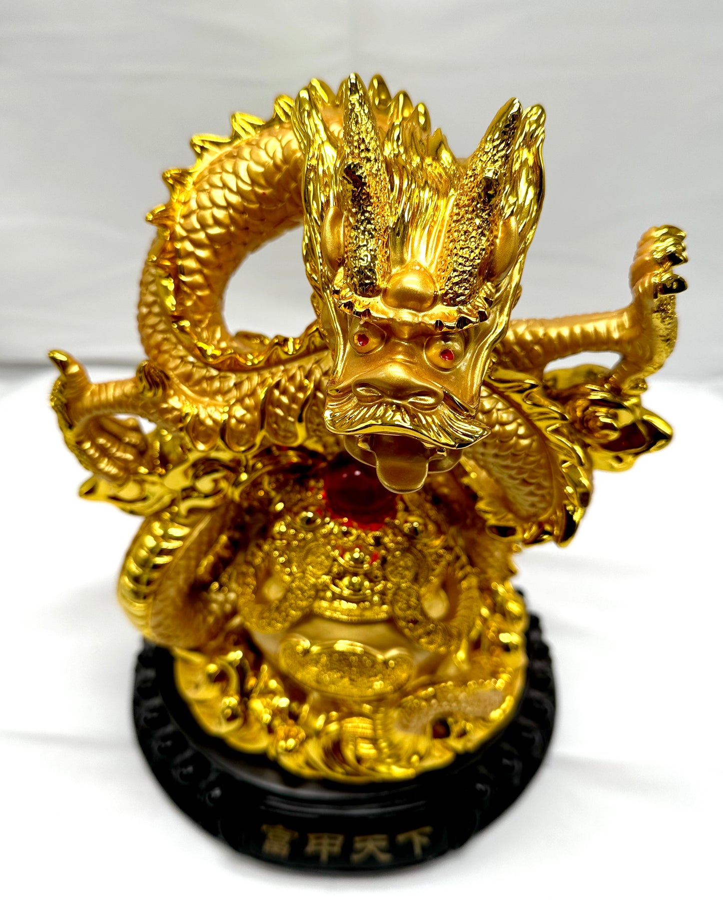 6383 - Rising Golden Dragon Sitting on Wealth Vase & Red Pearl - 12 1/2 Inches Height