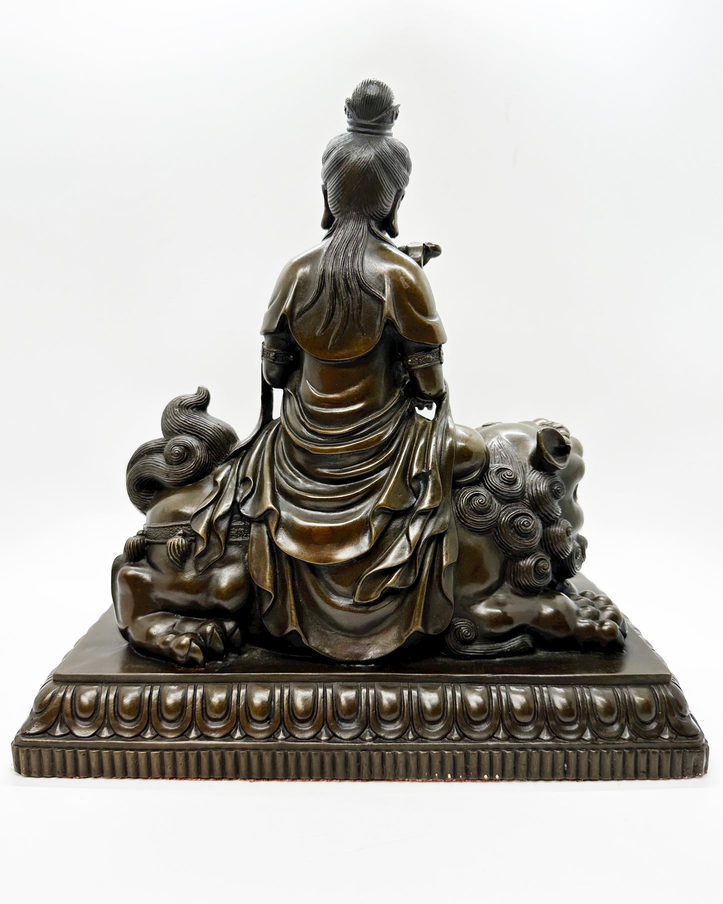16920 - Bronze Kuan Yin Sitting On Snow Lion and Holding Ru Yi