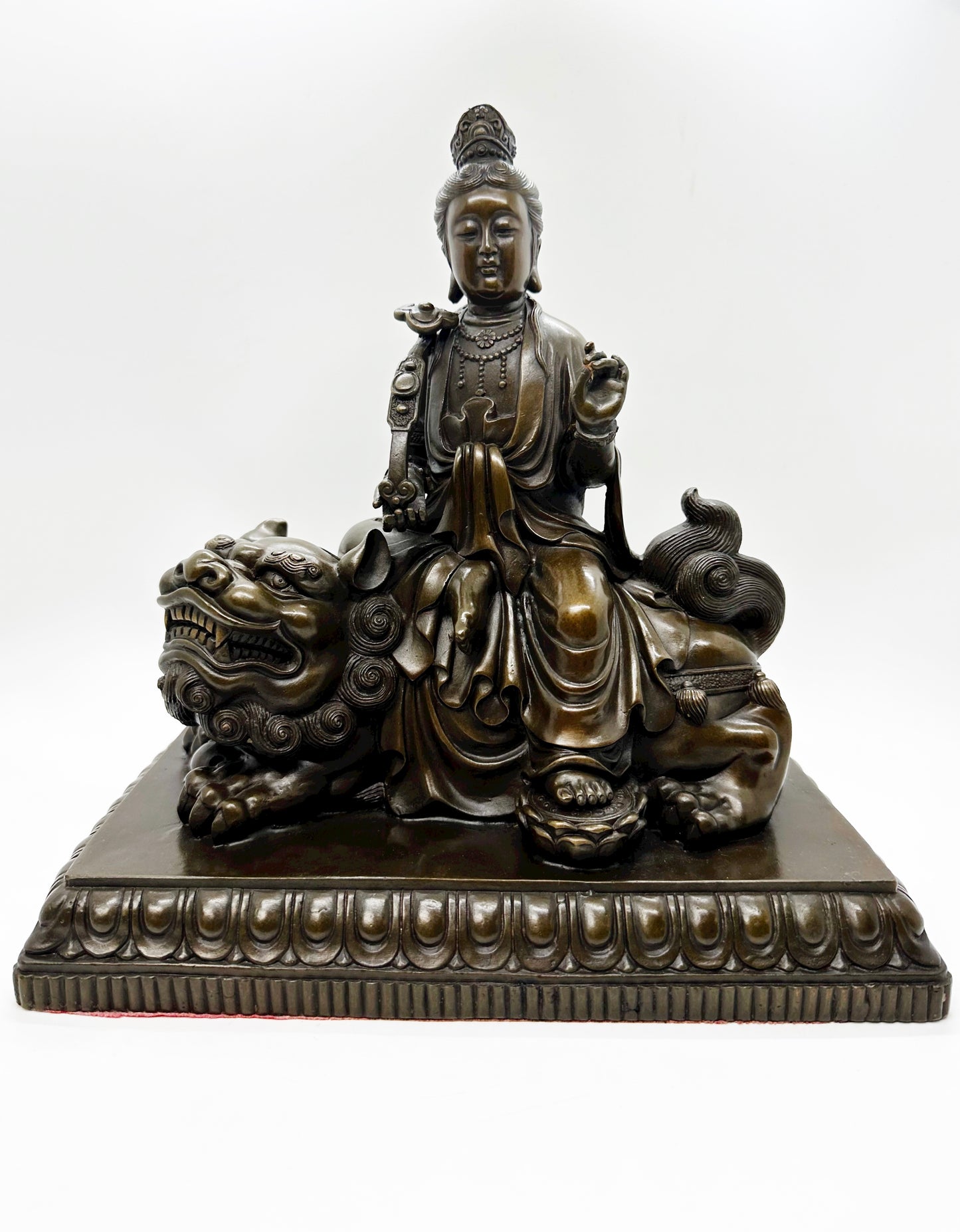16920 - Bronze Kuan Yin Sitting On Snow Lion and Holding Ru Yi