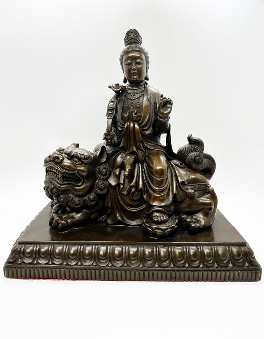 16920 - Bronze Manjushri Sitting On Snow Lion and Holding Ru Yi