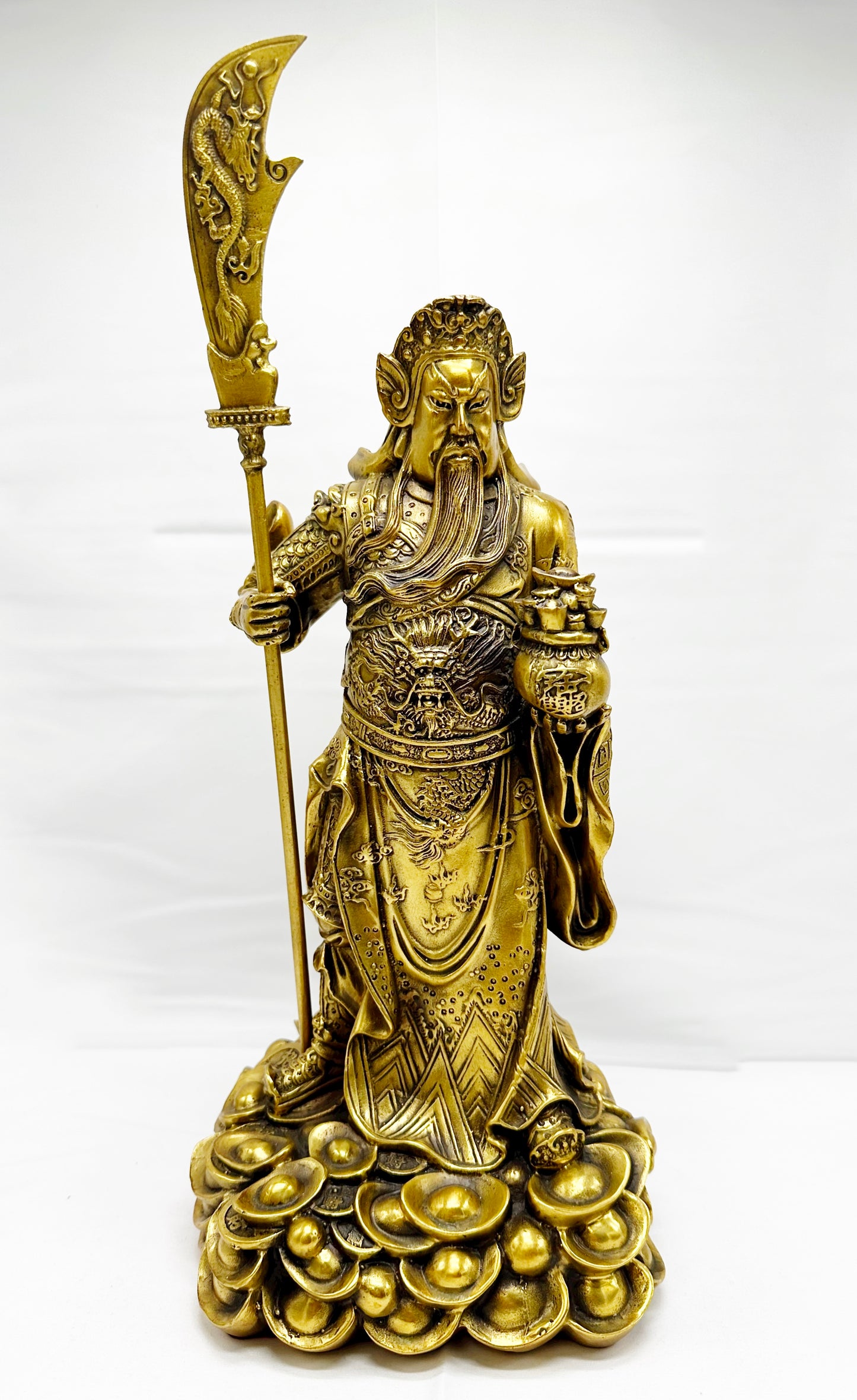 5650 - Standing Kwan Kung Holding Wealth Bowl and Stepping On Gold Ingots