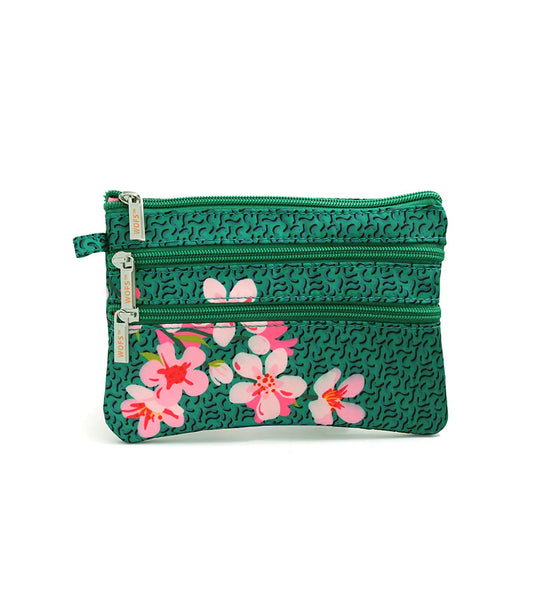 TRIPLE ZIPPER LUCKY POUCH CHERRY BLOSSOMS (GREEN) - 7542