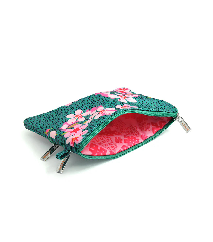 TRIPLE ZIPPER LUCKY POUCH CHERRY BLOSSOMS (GREEN) - 7542
