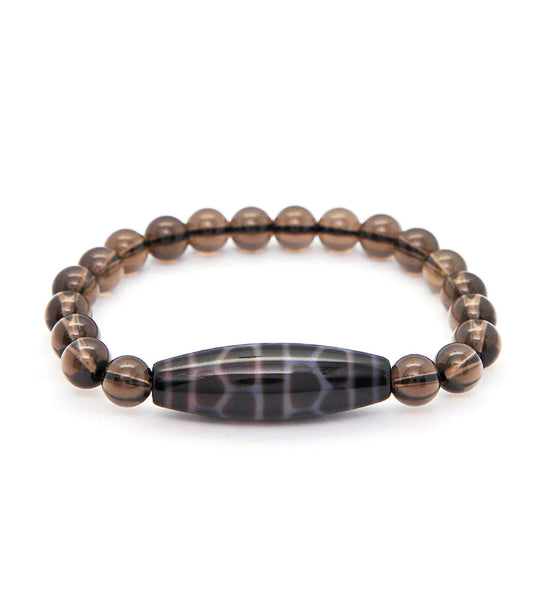 12741 - Tortoise Shell Dzi Bead With 8mm Smooth Smoky Quartz