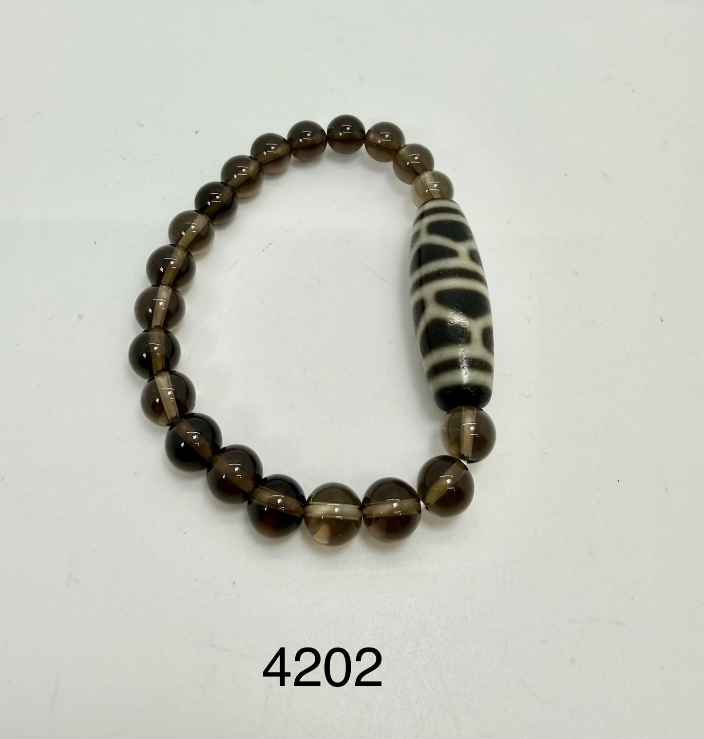 4202 - Tortoise Shell Dzi Bead With 8mm Smooth Smoky Quartz