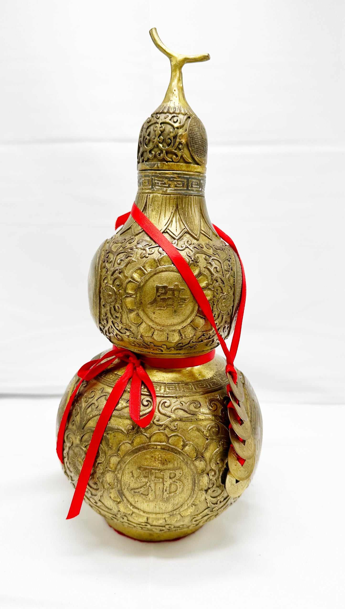 13312 - Metal Wu Lou For Health With 6 Emperor Coins - 14 Inches Height