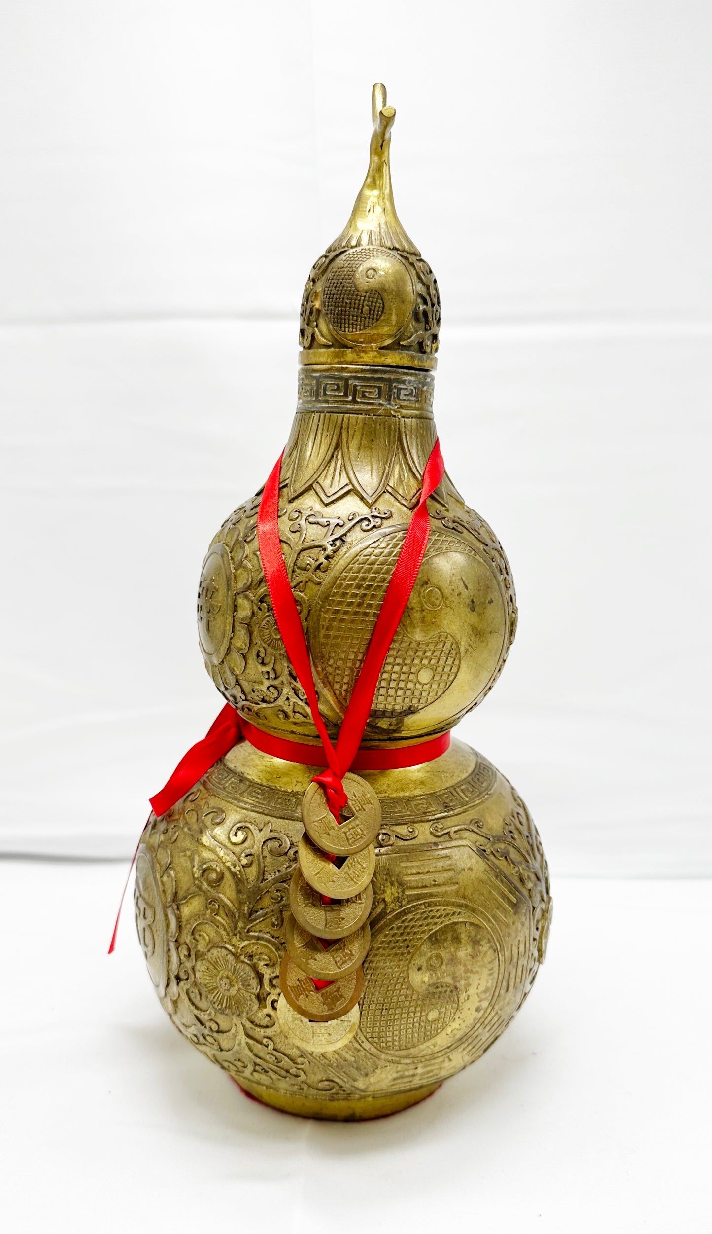 13312 - Metal Wu Lou For Health With 6 Emperor Coins - 14 Inches Height
