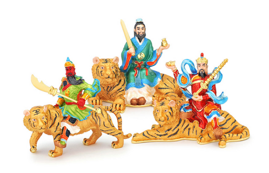 Bejewelled Trio Of Tigers With Wealth Gods