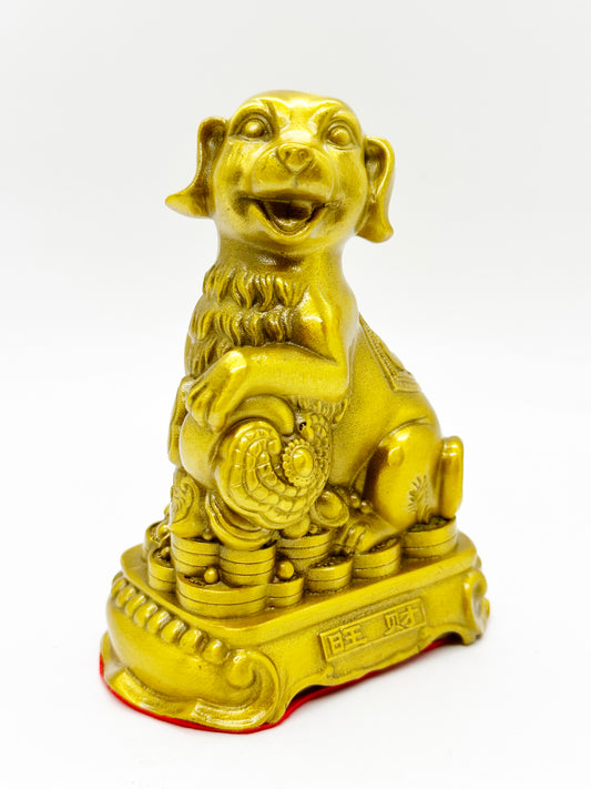 Brass Dog Sitting On Coins - 4 1/2 Inches Height