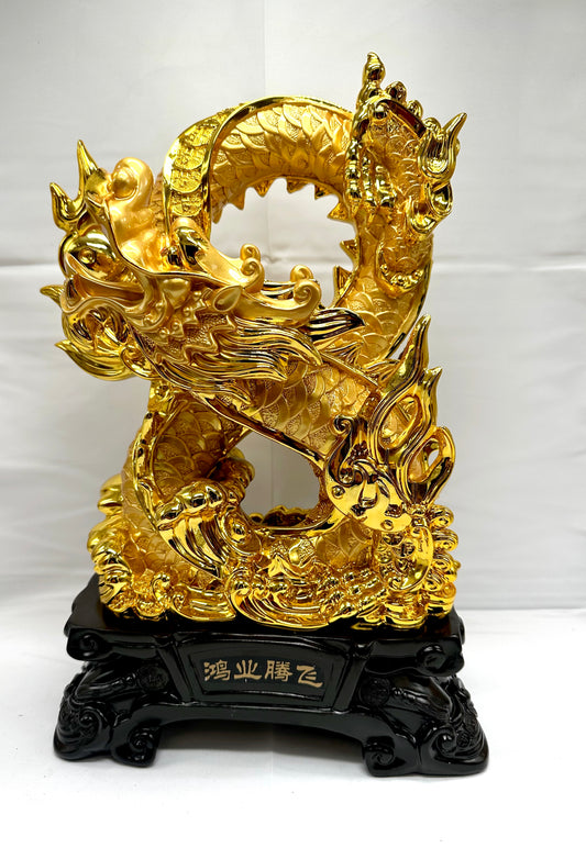 16634 - Rising Golden Dragon Holding A Fire Ball - 15 Inches Height