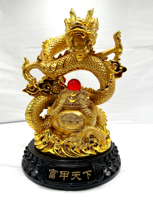 6383 - Rising Golden Dragon Sitting on Wealth Vase & Red Pearl - 12 1/2 Inches Height