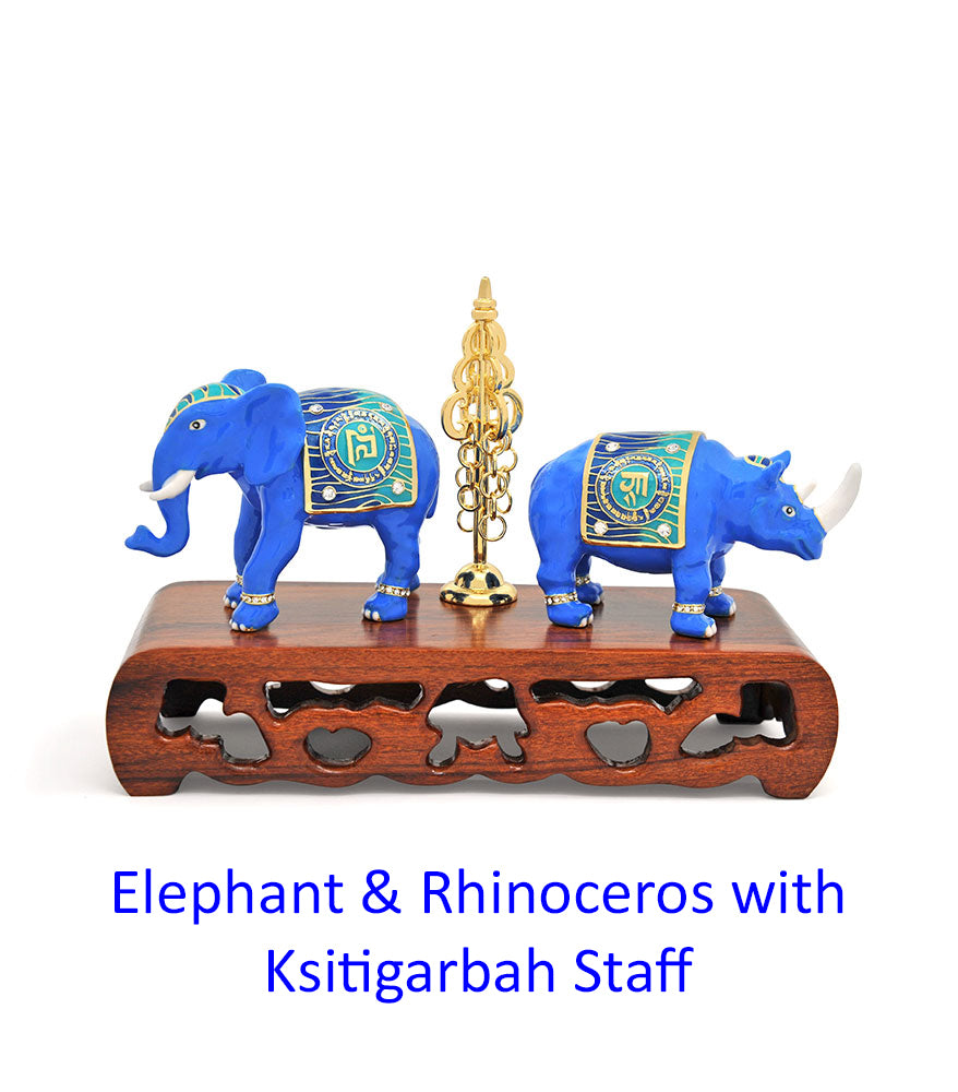 6825 - Elephant & Rhinoceros With Ksitigarbha Staff & Stand
