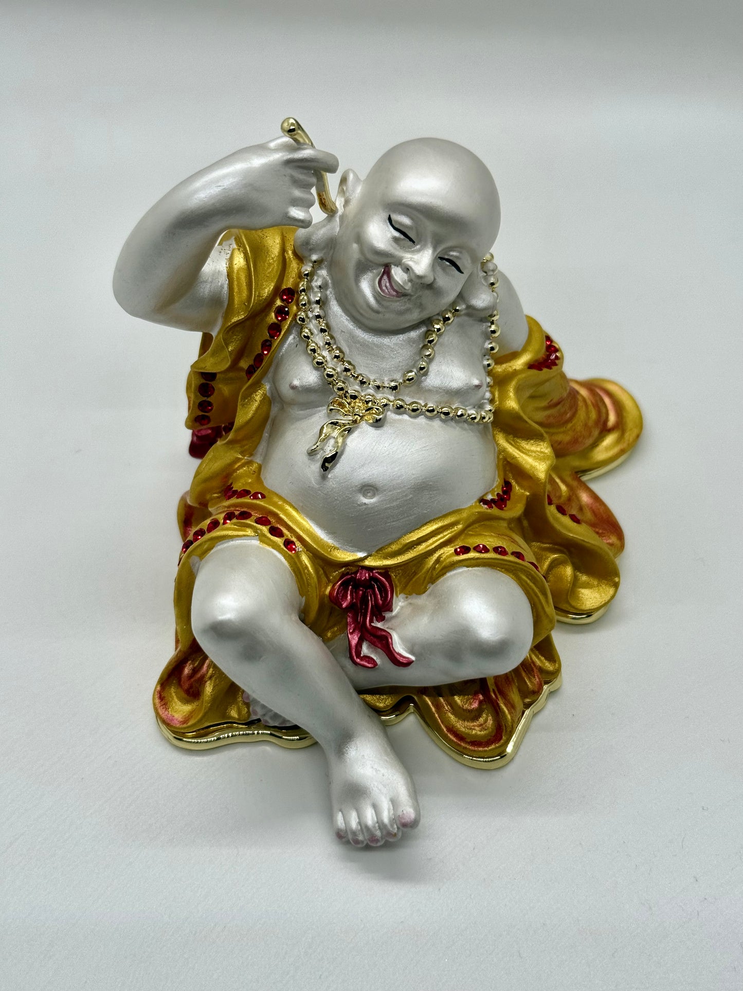 15100 - Laughing Buddha Gold/White with wealth mantra - 3 Inches Height