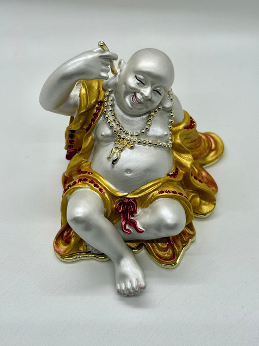 15100 - Laughing Buddha Gold/White with wealth mantra - 3 Inches Height