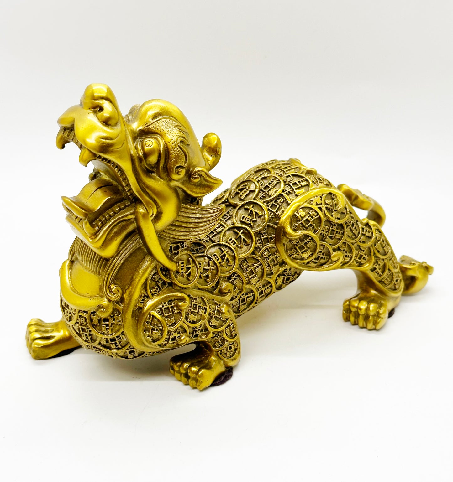 6393 - Brass Pi Xie with Coins - 8 Inches Height