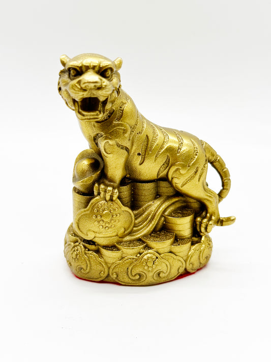 Brass Tiger Sitting On Coins For Wealth Luck - 4 Inches Height